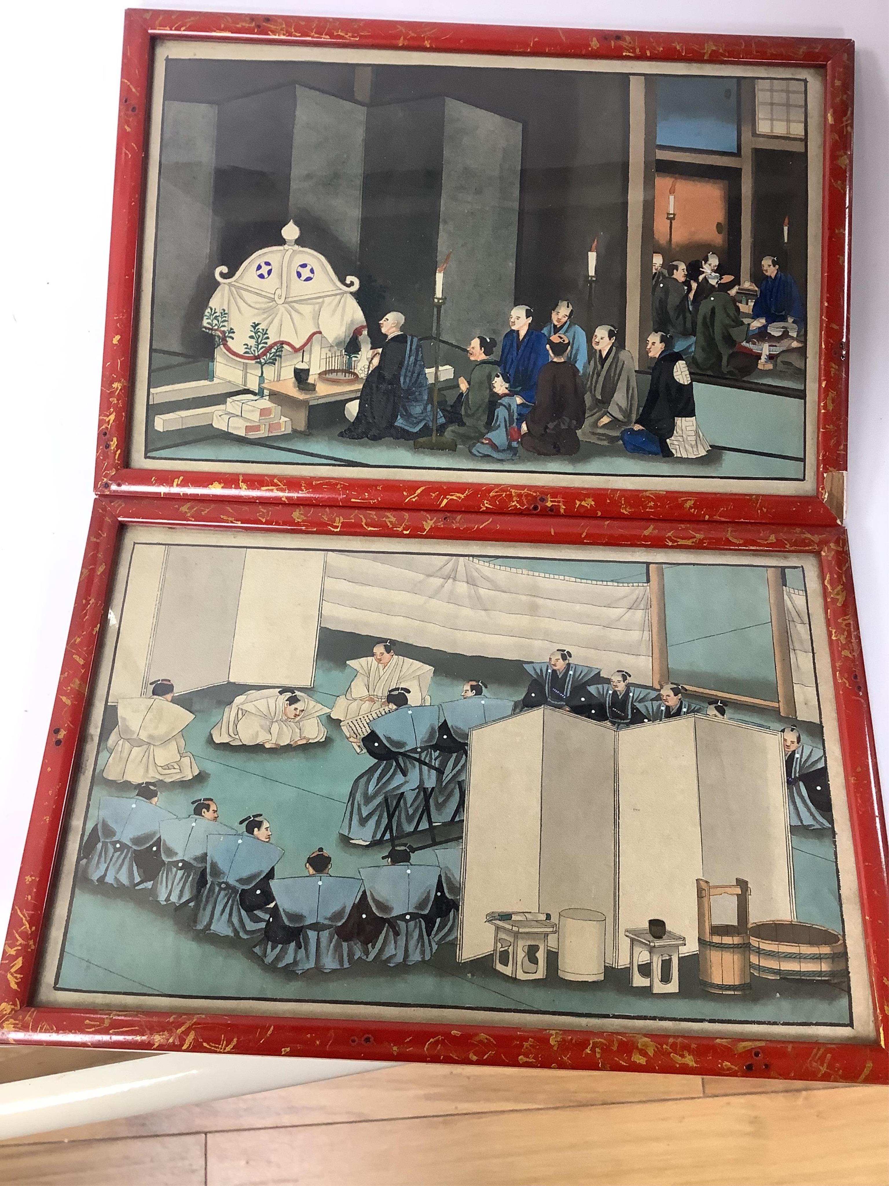 A collection of Chinese and Japanese paintings to include; a pair of Chinese pith paper paintings and Japanese woodblock prints, largest 18 x 30cm. Condition - varies, mostly fair